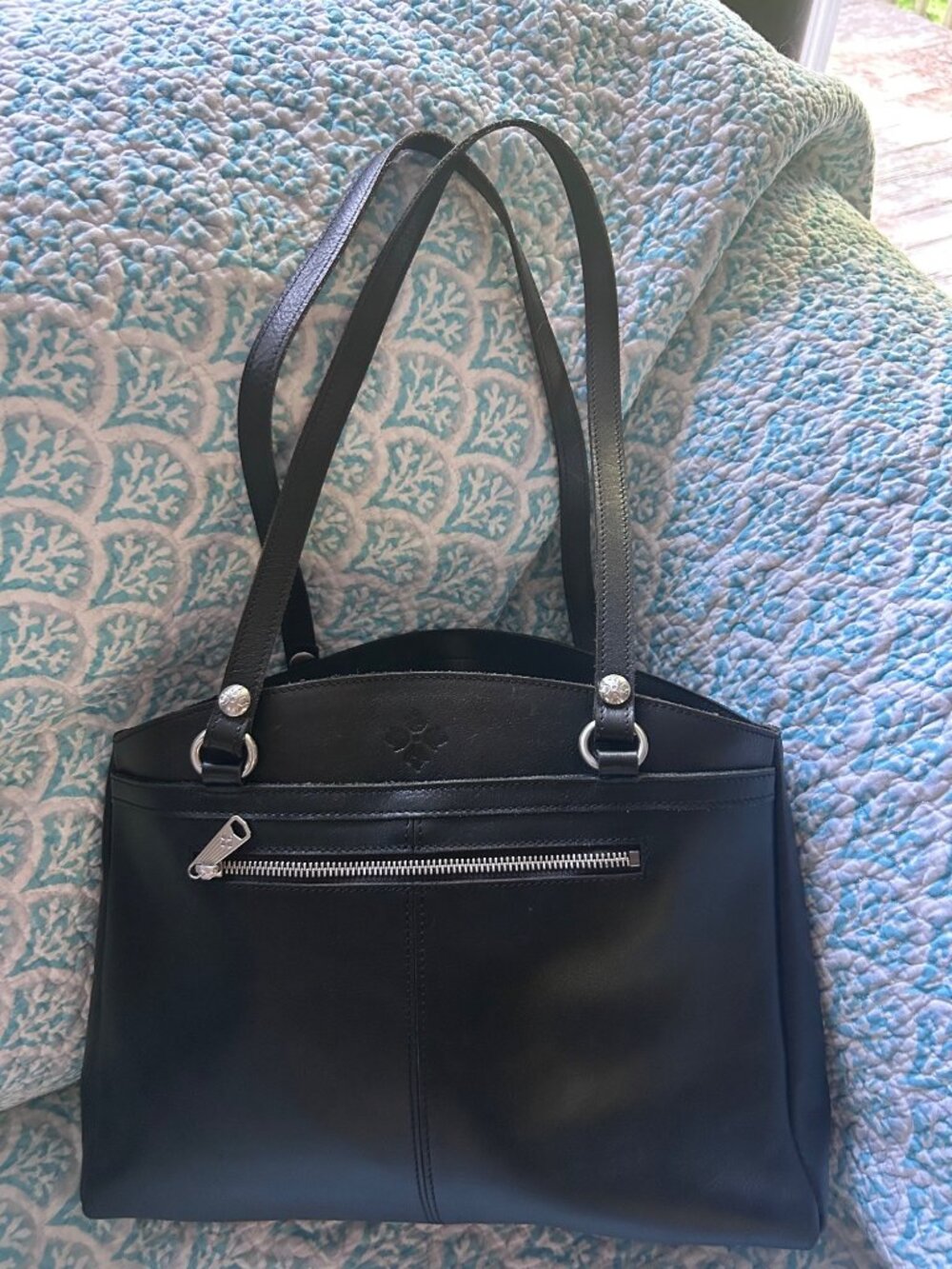 Patricia Nash Black Leather Tote Shoulder Bag Suede Lined Silver Hardware Large
